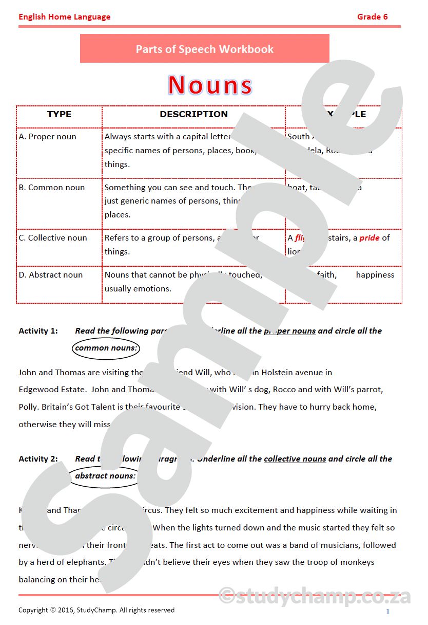 Grade 6 English Worksheet: Parts of Speech Complete