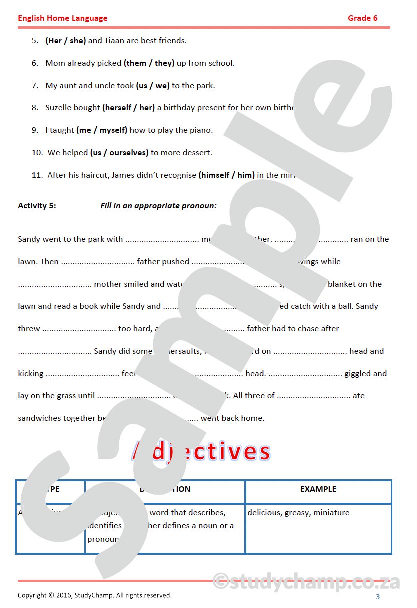 Grade 6 English Worksheet: Parts of Speech Complete