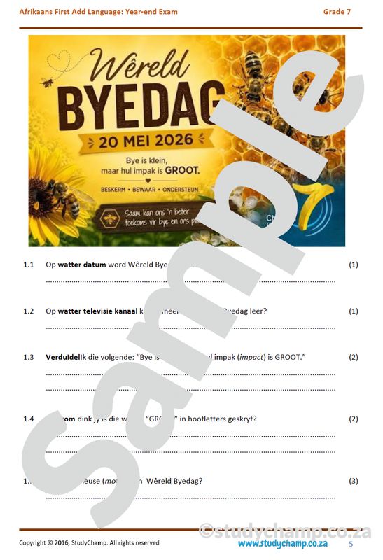 Grade 7 Afrikaans Year-end Exam Revision: Comprehension and Visual Literacy