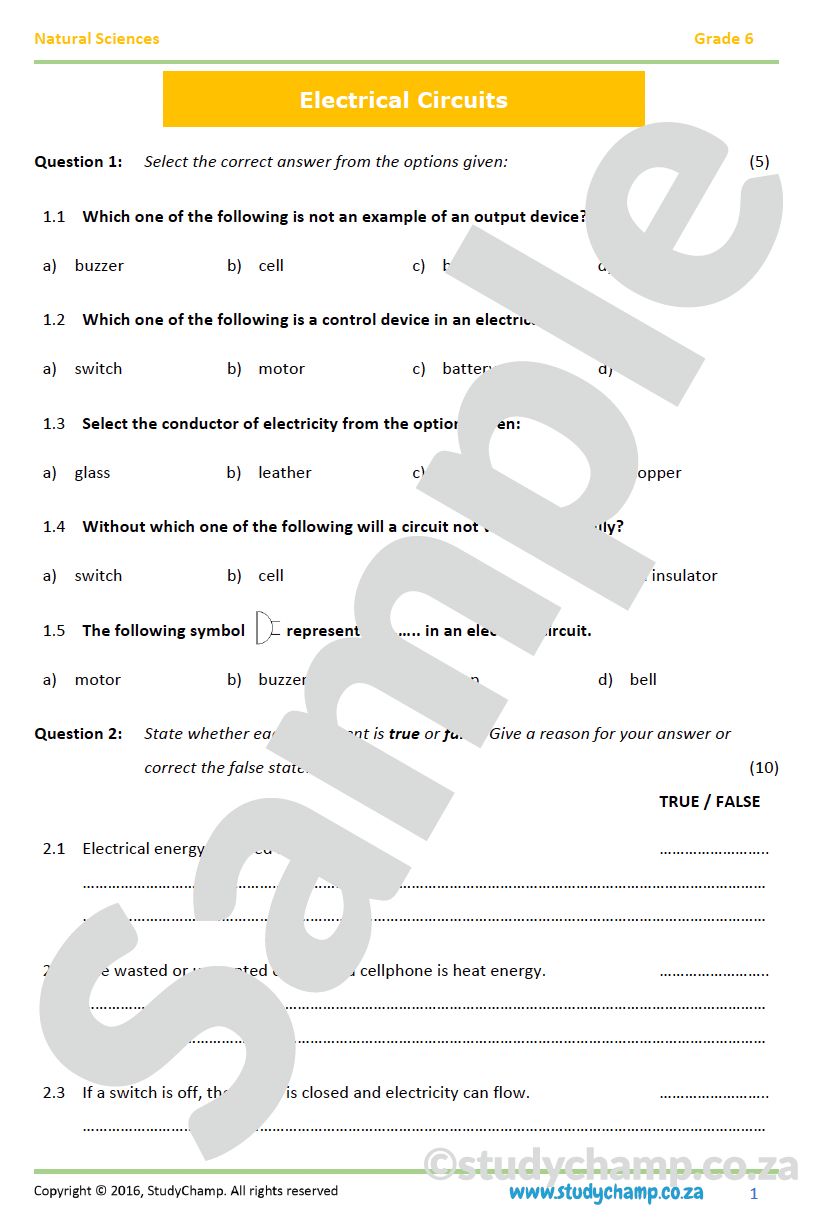 Grade 6 Natural Sciences Test: Electrical circuits