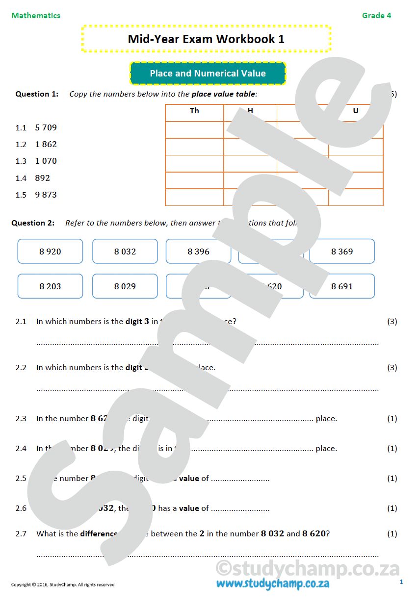 Grade 4 Maths Mid-Year Exam workbook 1: Numbers and Operations