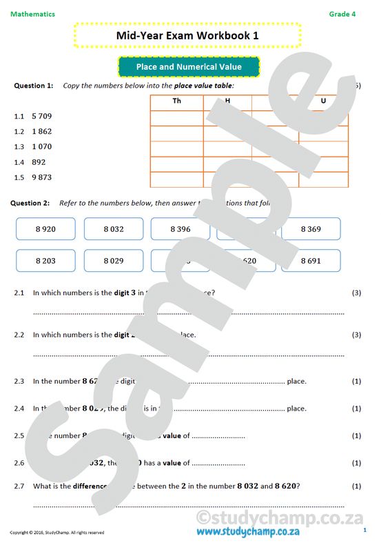 Grade 4 Maths Mid-Year Exam workbook 1: Numbers and Operations