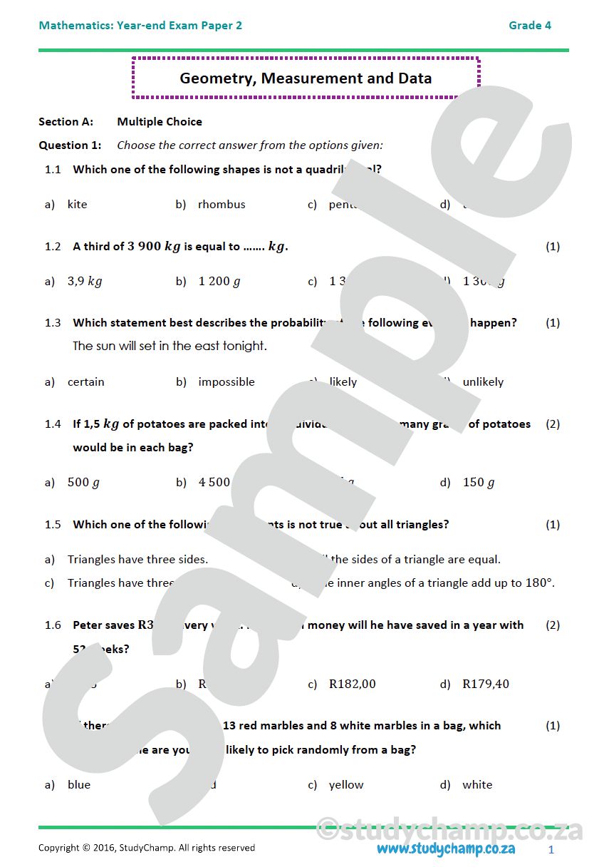 Grade 4 Maths Year-end Exam: Paper 2