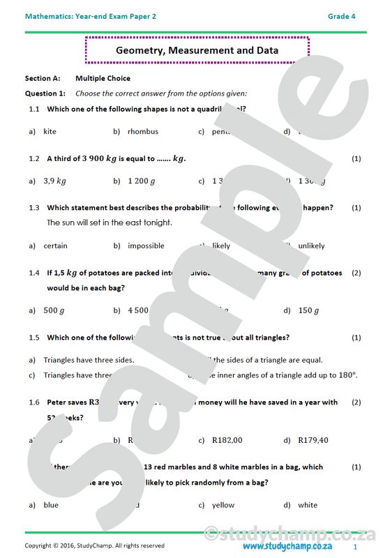 Grade 4 Maths Year-end Exam: Paper 2