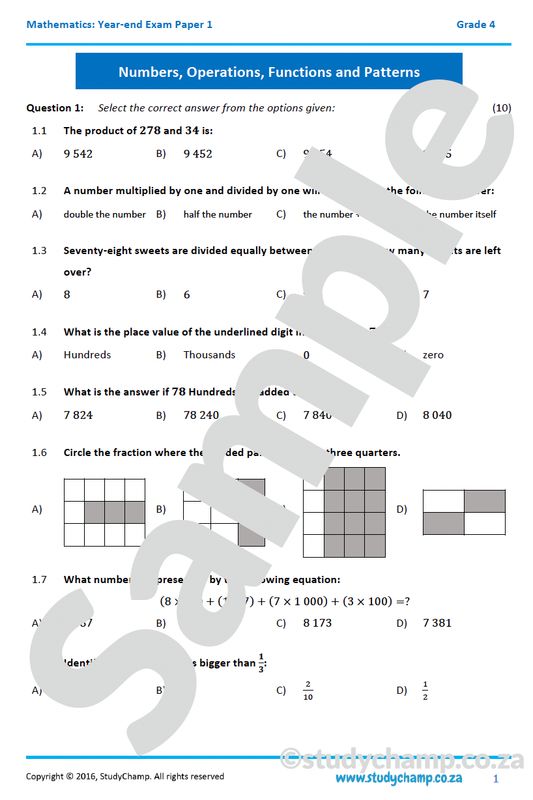 Grade 4 Maths Year-end Exam: Paper 1