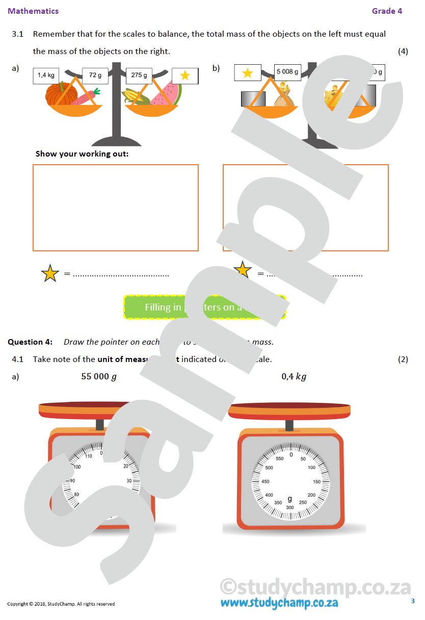 Grade 4 Mathematics worksheet: Measurement - Mass