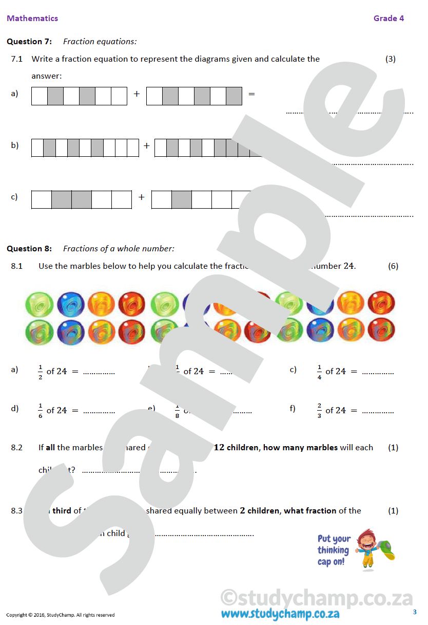 Grade 4 Mathematics worksheet: Fractions B
