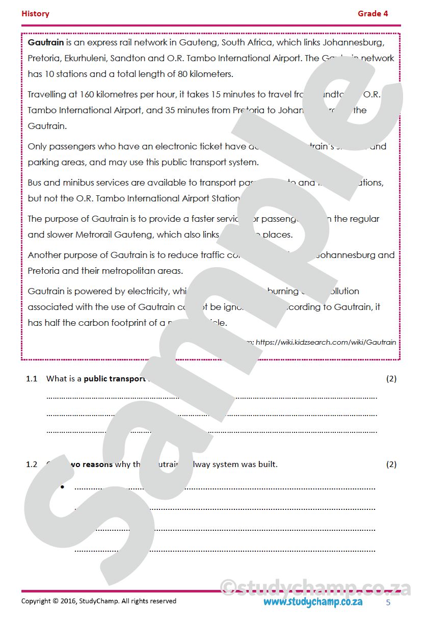 Grade 4 History Test: Transport on Land