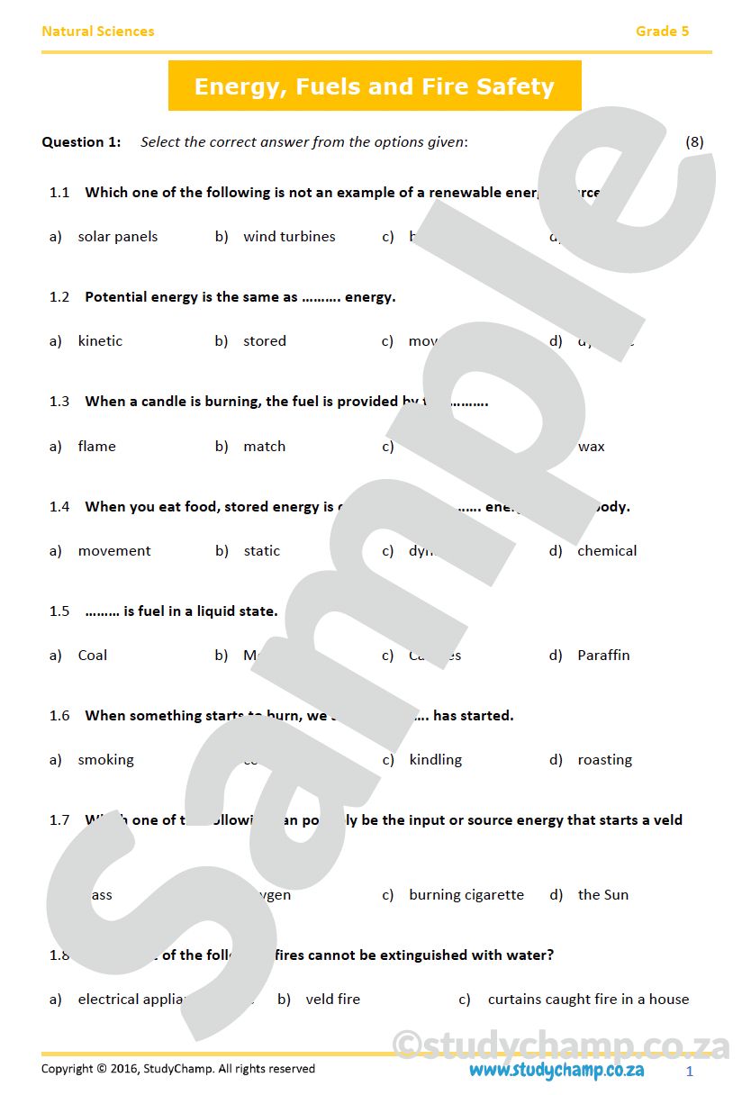 Grade 5 Natural Sciences Test: Energy, Fuels and Fire Safety