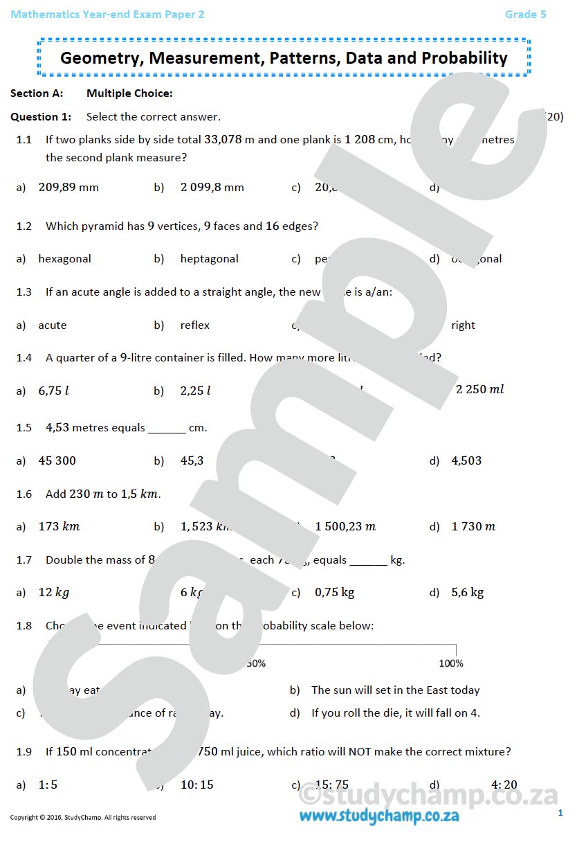 Grade 5 Mathematics Year-End Exam: Paper 2