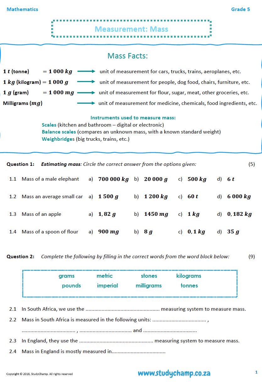 Grade 5 Mathematics Worksheet: Measurement - Mass