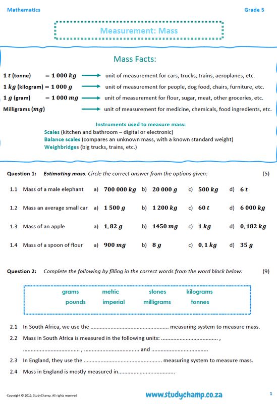 Grade 5 Mathematics Worksheet: Measurement - Mass