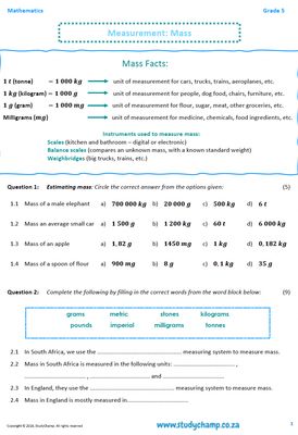Grade 5 Mathematics Worksheet: Measurement - Mass