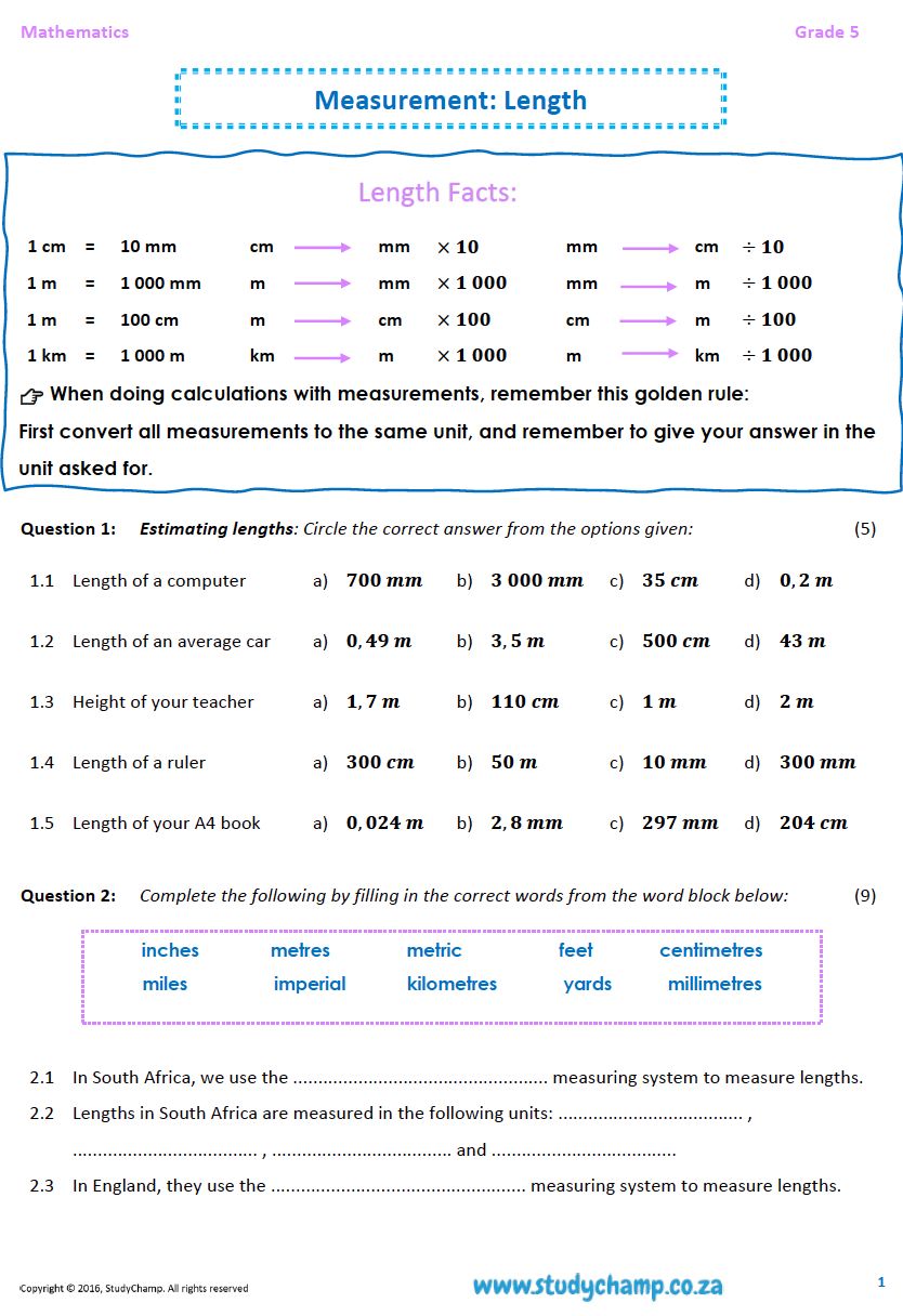 Grade 5 Mathematics Worksheet: Measurement - Length