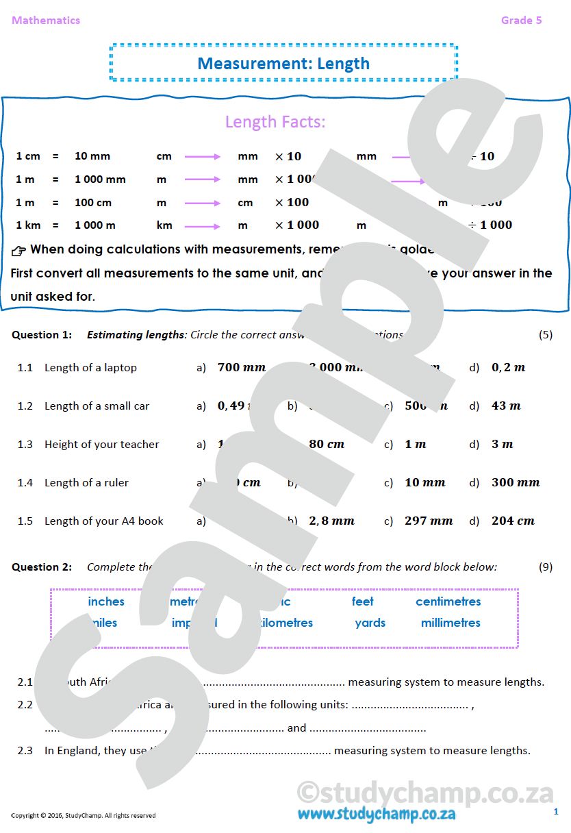 Grade 5 Mathematics Worksheet: Measurement - Length