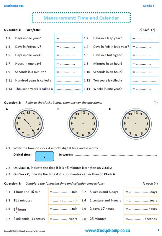 Grade 5 Mathematics Worksheet: Measurement - Time and Calender