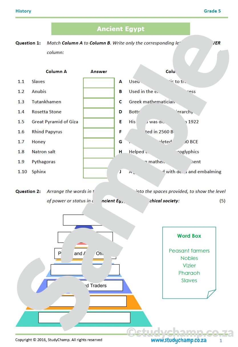Grade 5 History Test: Ancient Egypt