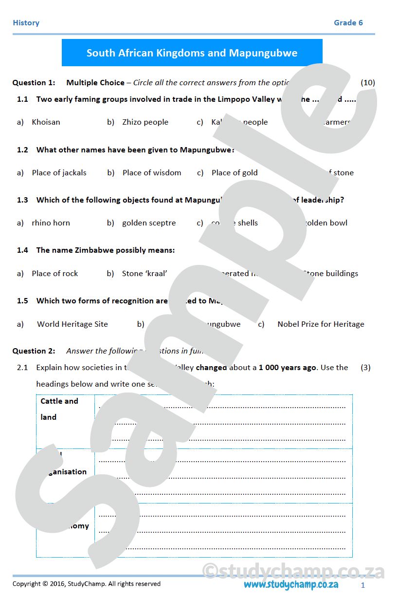 Grade 6 History Mid-year Exam Revision workbook