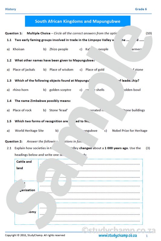 Grade 6 History Mid-year Exam Revision workbook