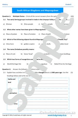 Grade 6 History Mid-year Exam Revision workbook
