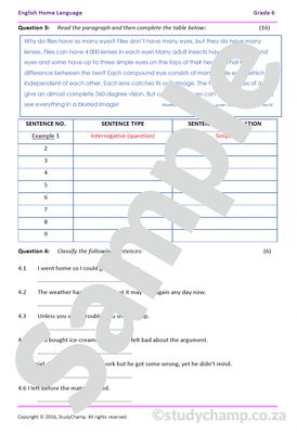Grade 6 English Worksheet: Sentences - Types and Structure