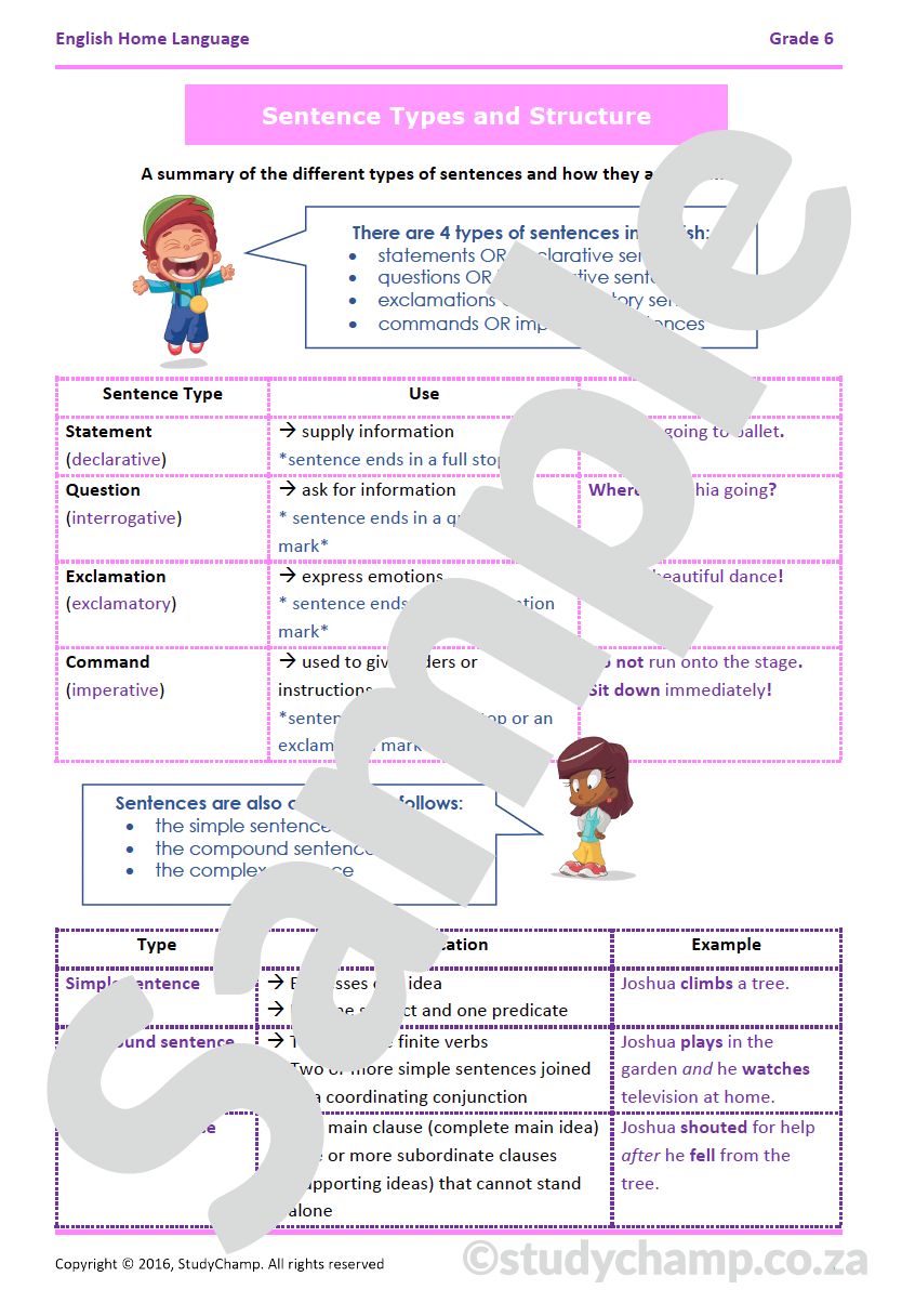 Grade 6 English Worksheet: Sentences - Types and Structure