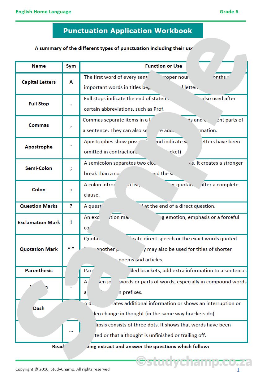 Grade 6 English Worksheet: Punctuation Application