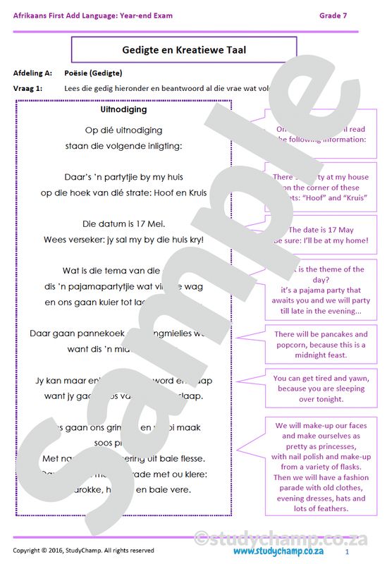 Grade 7 Afrikaans Year-end Exam Revision: Poetry and Creative Language