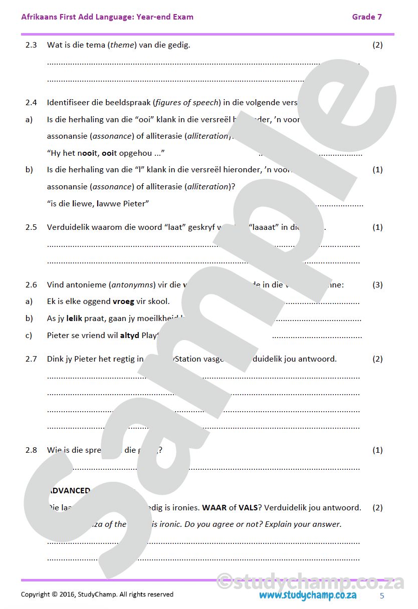 Grade 7 Afrikaans Year-end Exam Revision: Poetry and Creative Language