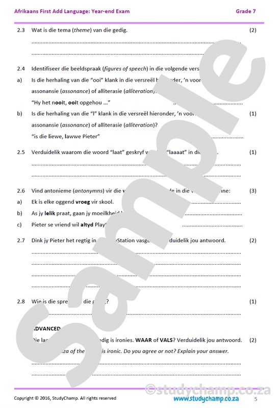 Grade 7 Afrikaans Year-end Exam Revision: Poetry and Creative Language