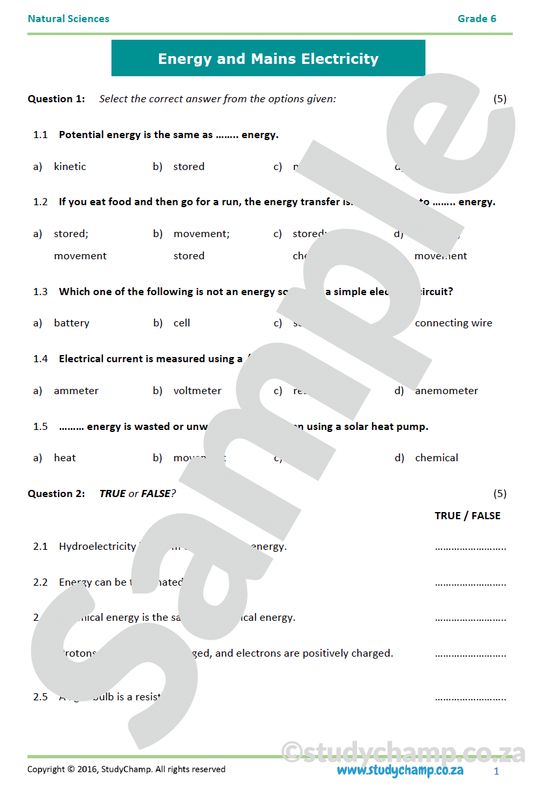 Grade 6 Natural Sciences Test: Energy and Mains Electricity