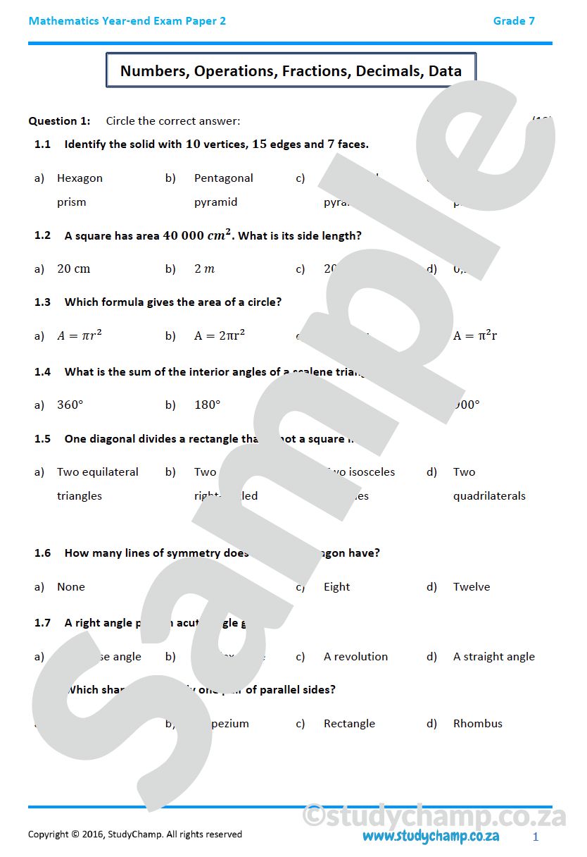 Grade 7 Mathematics Year-end Exam: Practice paper 2