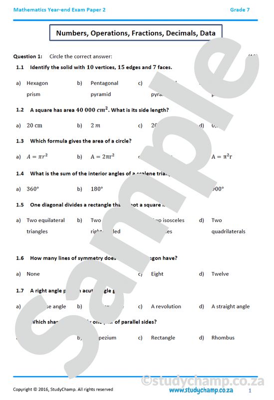Grade 7 Mathematics Year-end Exam: Practice paper 2