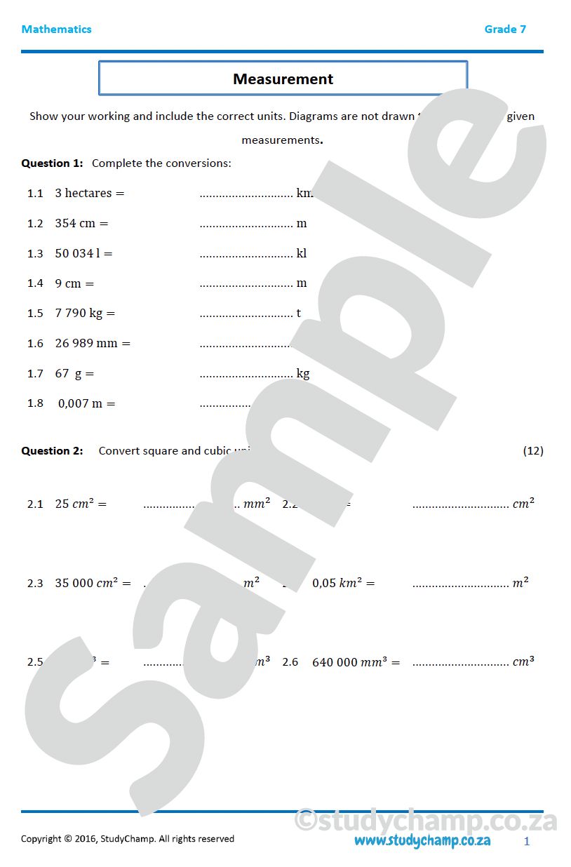 Grade 7 Mathematics Year-end Exam Revision: Workbook 4 - Measurement