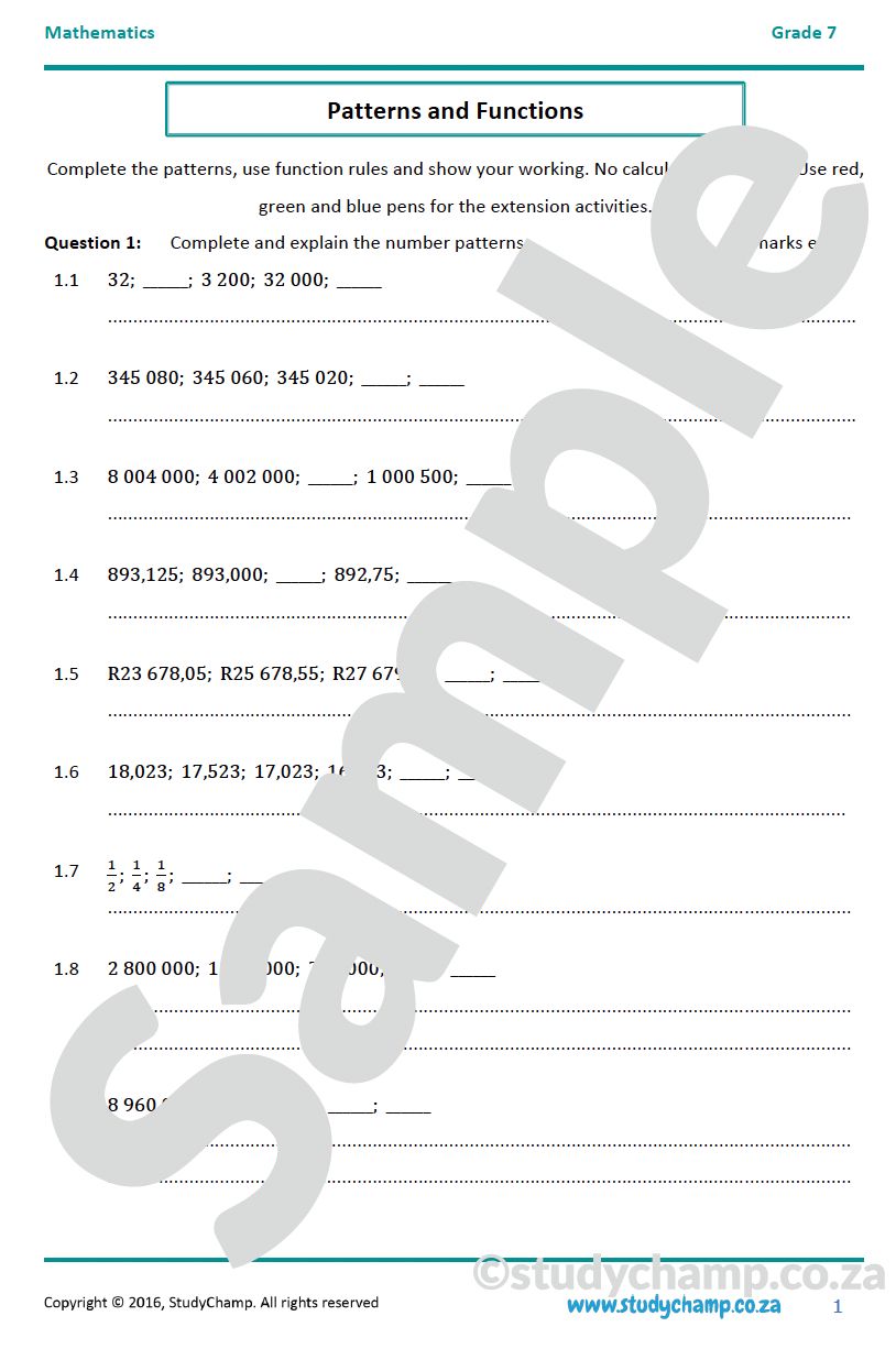 Grade 7 Mathematics Year-end Exam Revision: Patterns and Functions