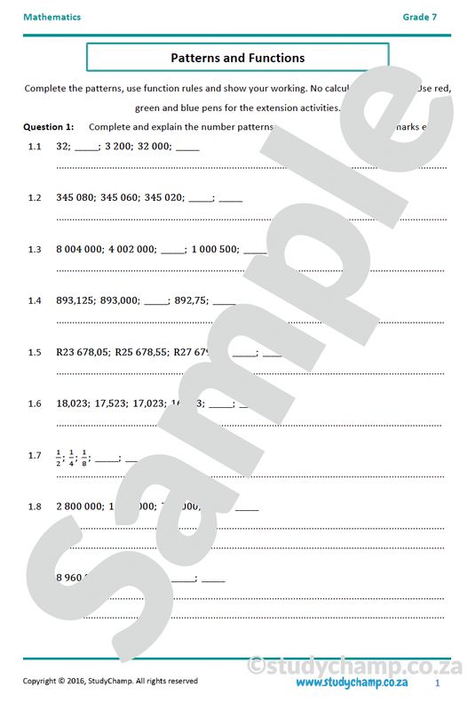 Grade 7 Mathematics Year-end Exam Revision: Patterns and Functions