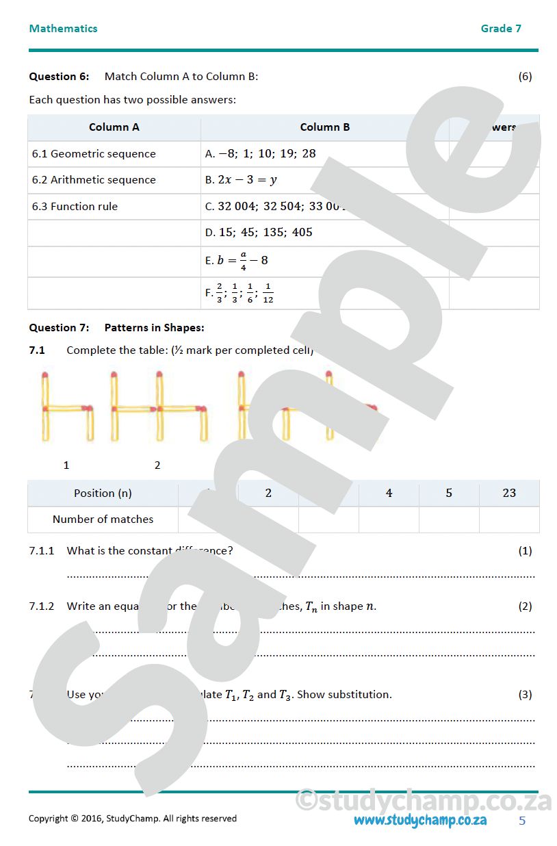 Grade 7 Mathematics Year-end Exam Revision: Patterns and Functions