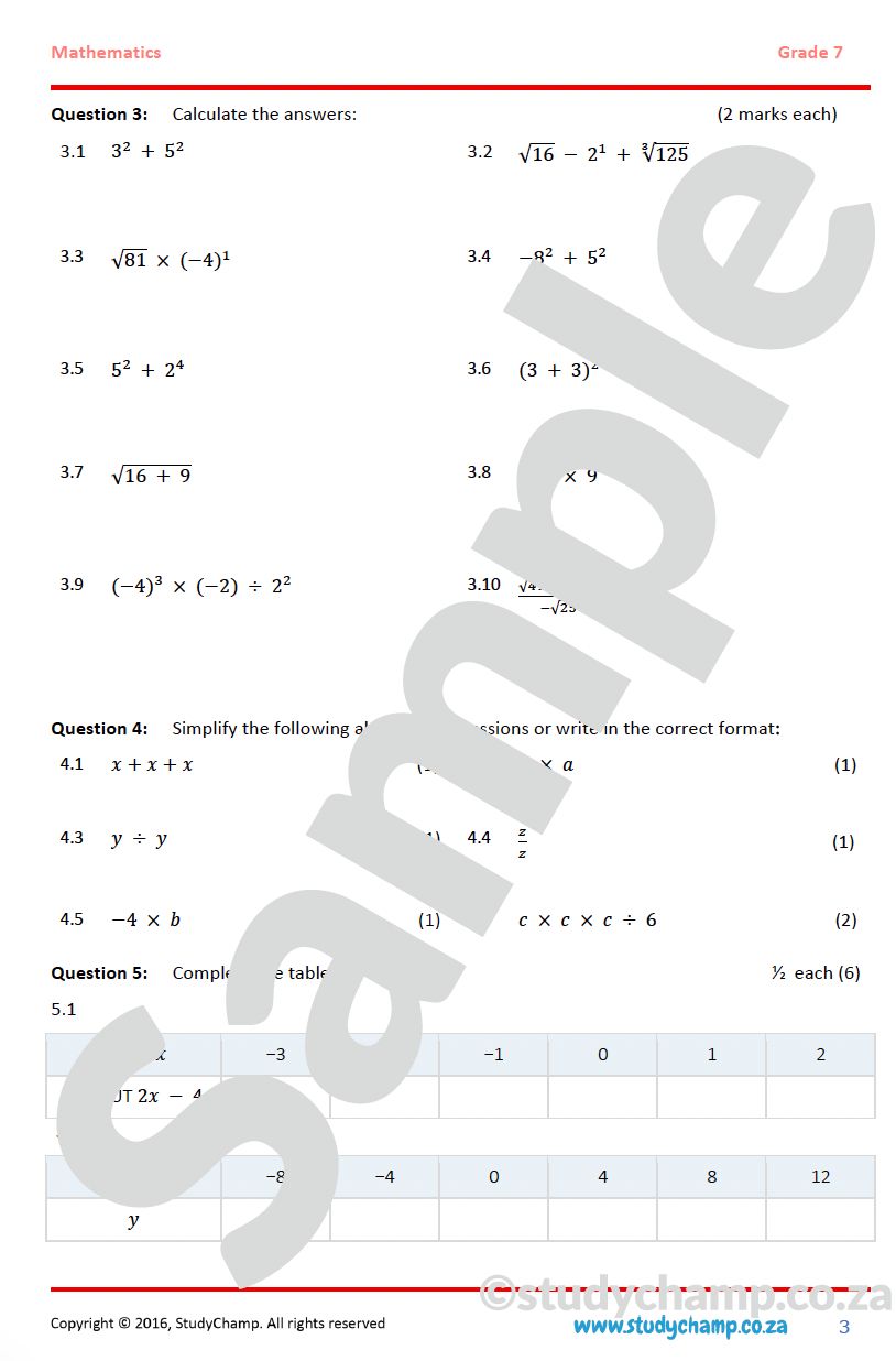 Grade 7 Mathematics Year-end Exam Revision: Workbook 2 - Algebra, Integers and Exponents