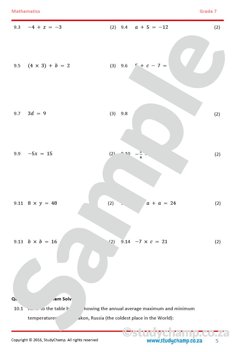 Grade 7 Mathematics Year-end Exam Revision: Workbook 2 - Algebra, Integers and Exponents