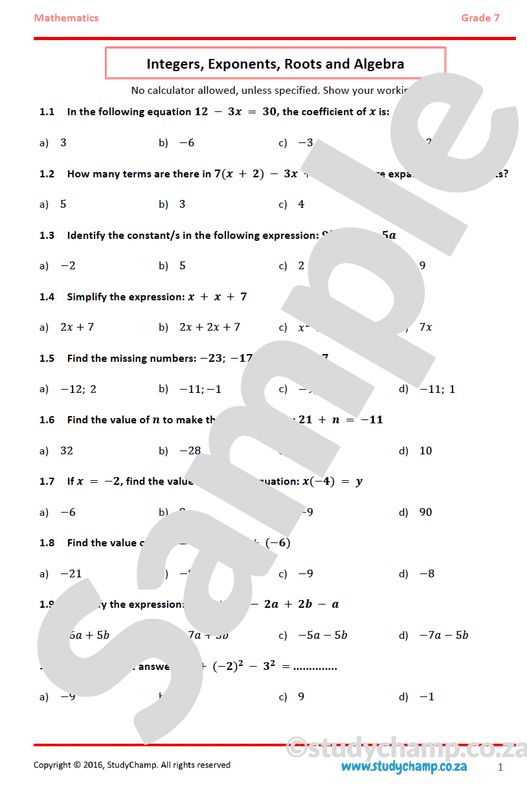 Grade 7 Mathematics Year-end Exam Revision:  Algebra, Integers and Exponents