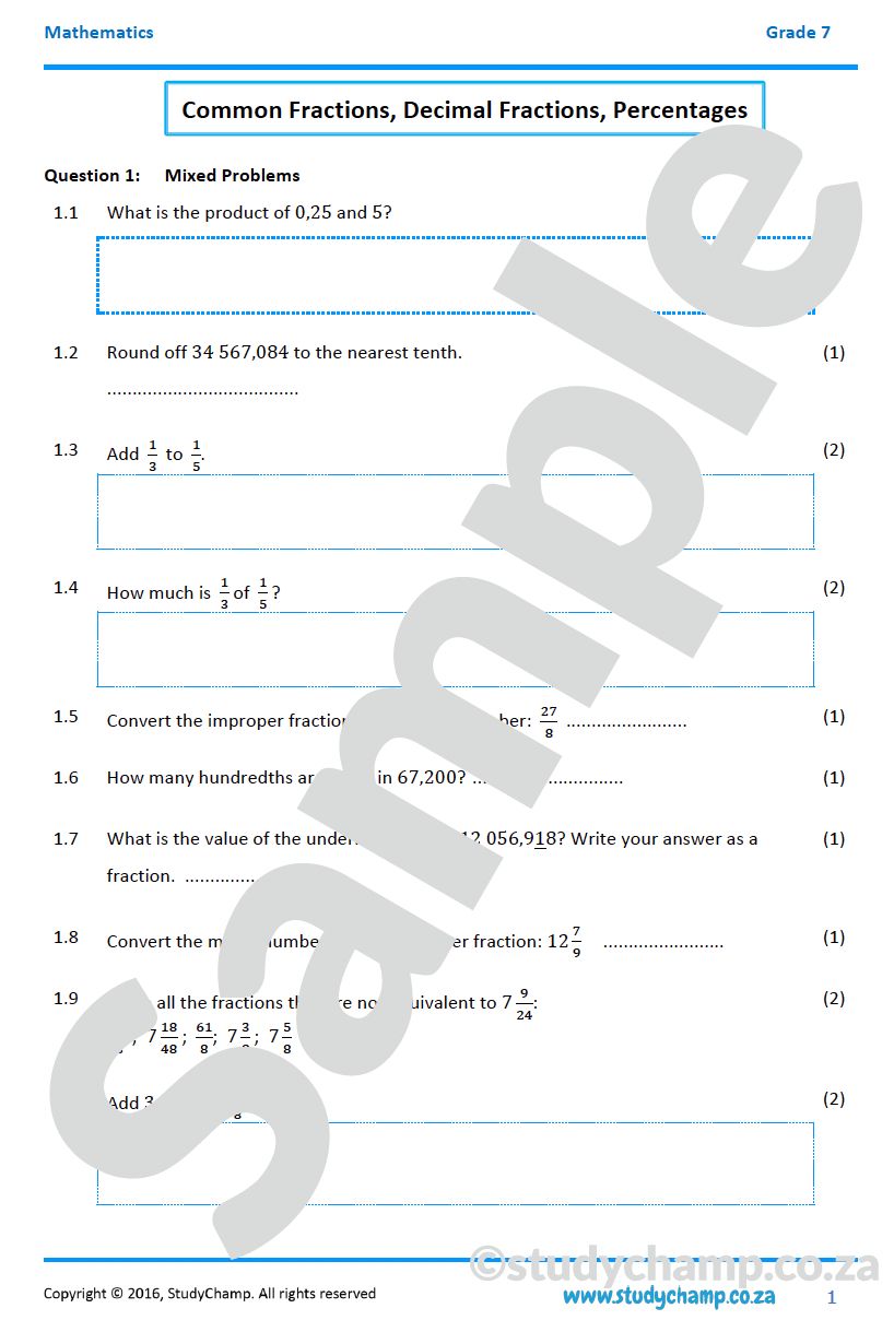 Grade 7 Mathematics Mid-year Exam Revision: Workbook 2