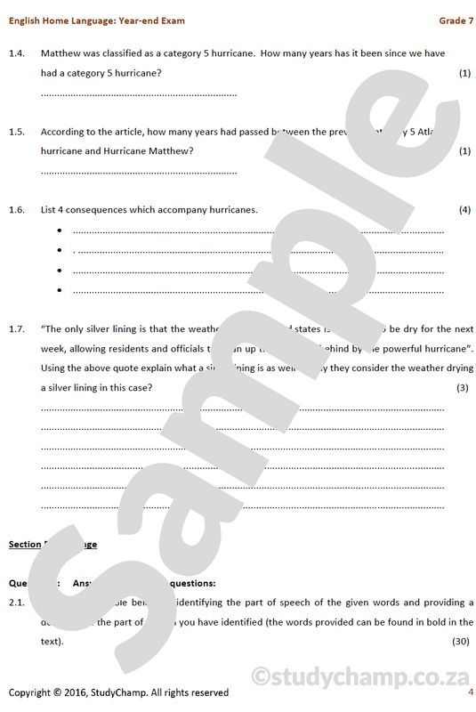 Grade 7 English Year-end Exam Revision:  Comprehension and Language