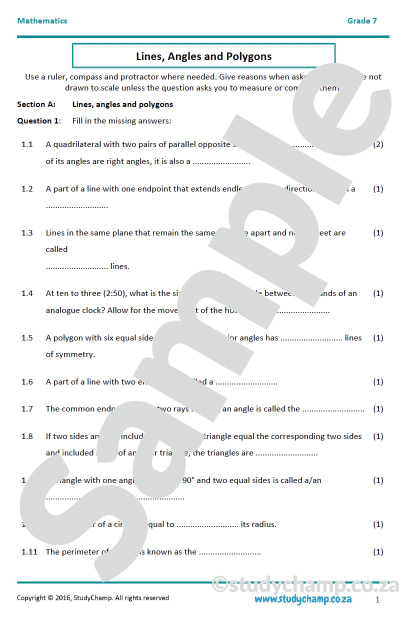 Grade 7 Mathematics Year-end Exam Revision: Workbook 5 - Geometry