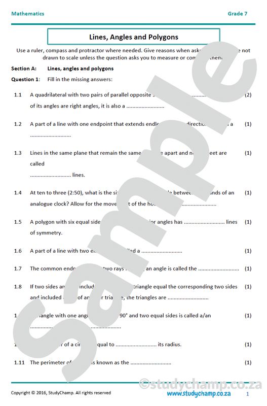 Grade 7 Mathematics Year-end Exam Revision:  Geometry