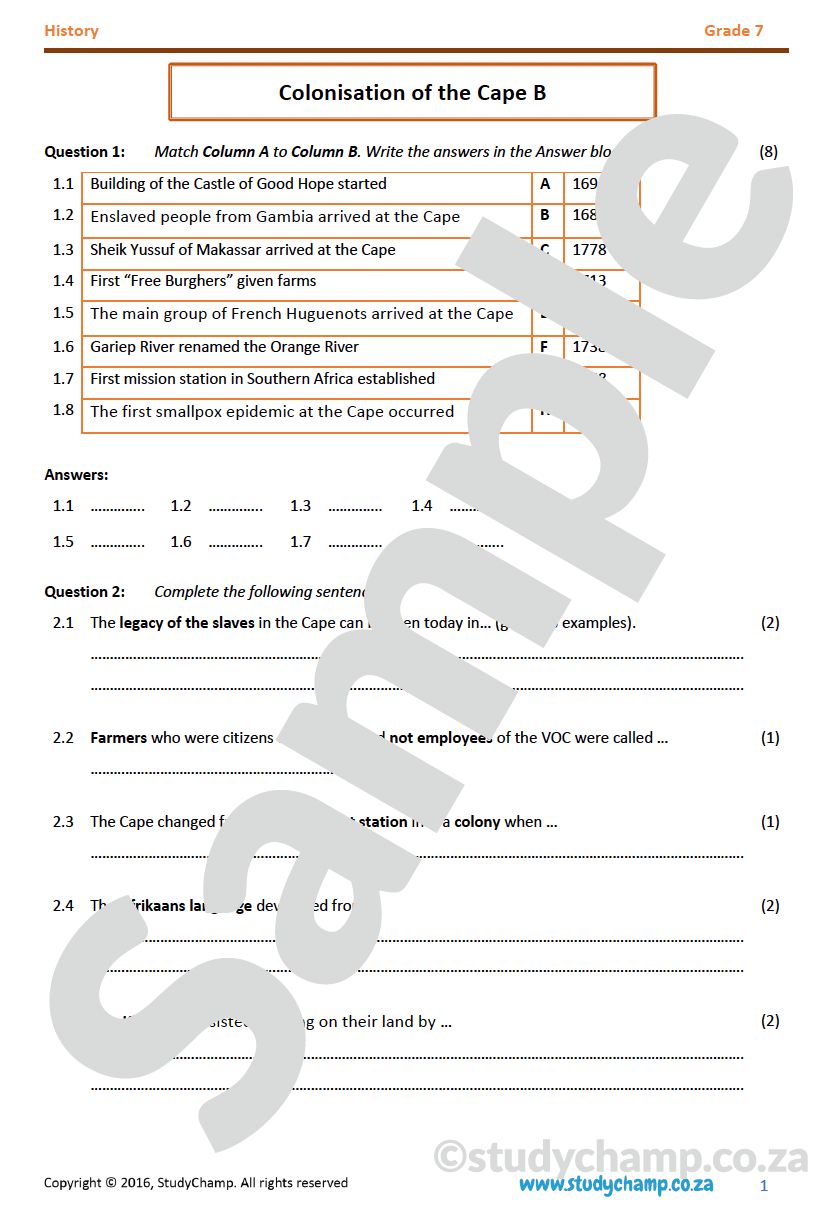 Grade 7 History Test: Cape Colonisation B