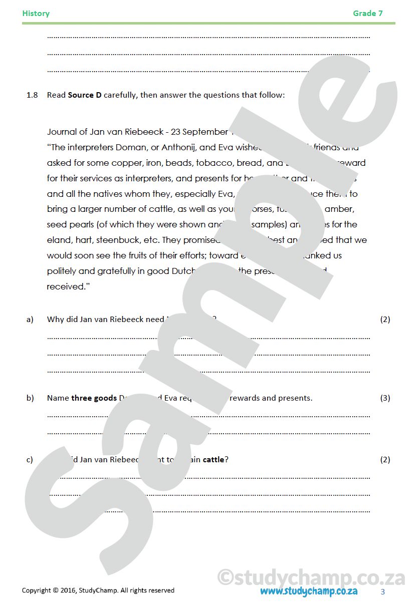 Grade 7 History Test: Cape Colonisation A