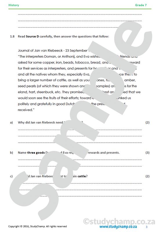 Grade 7 History Test: Cape Colonisation A
