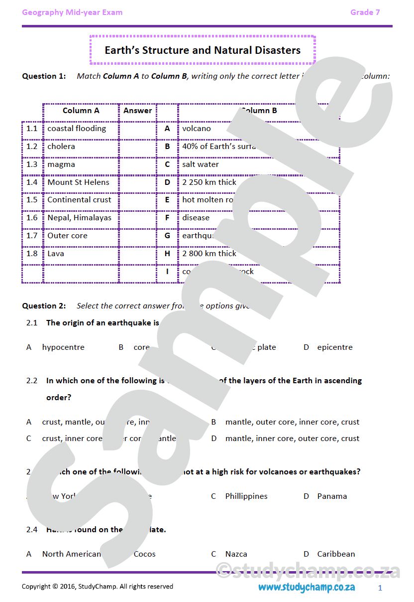 Grade 7 Geography Mid-year Exam Revision 1: Earth's surface and Natural disasters