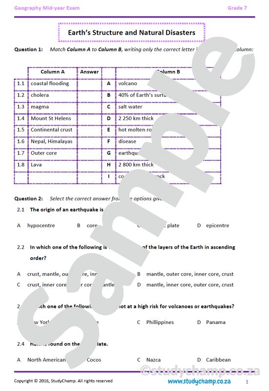 Grade 7 Geography Mid-year Exam Revision 1: Earth's surface and Natural disasters