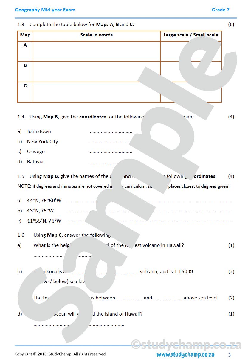 Grade 7 Geography Mid-year Exam Revision 2: Map Skills